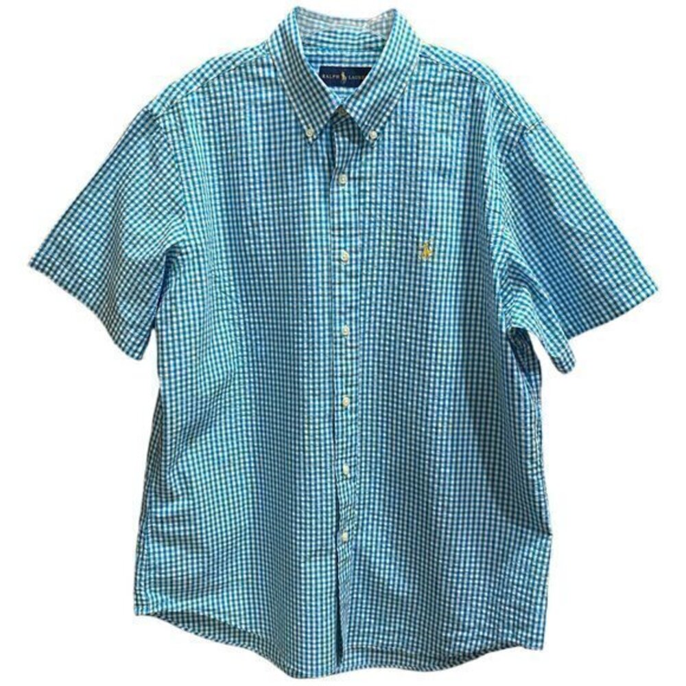 Ralph Lauren Mens Shirt Button Down Textured Plaid Blue White Logo Size Large